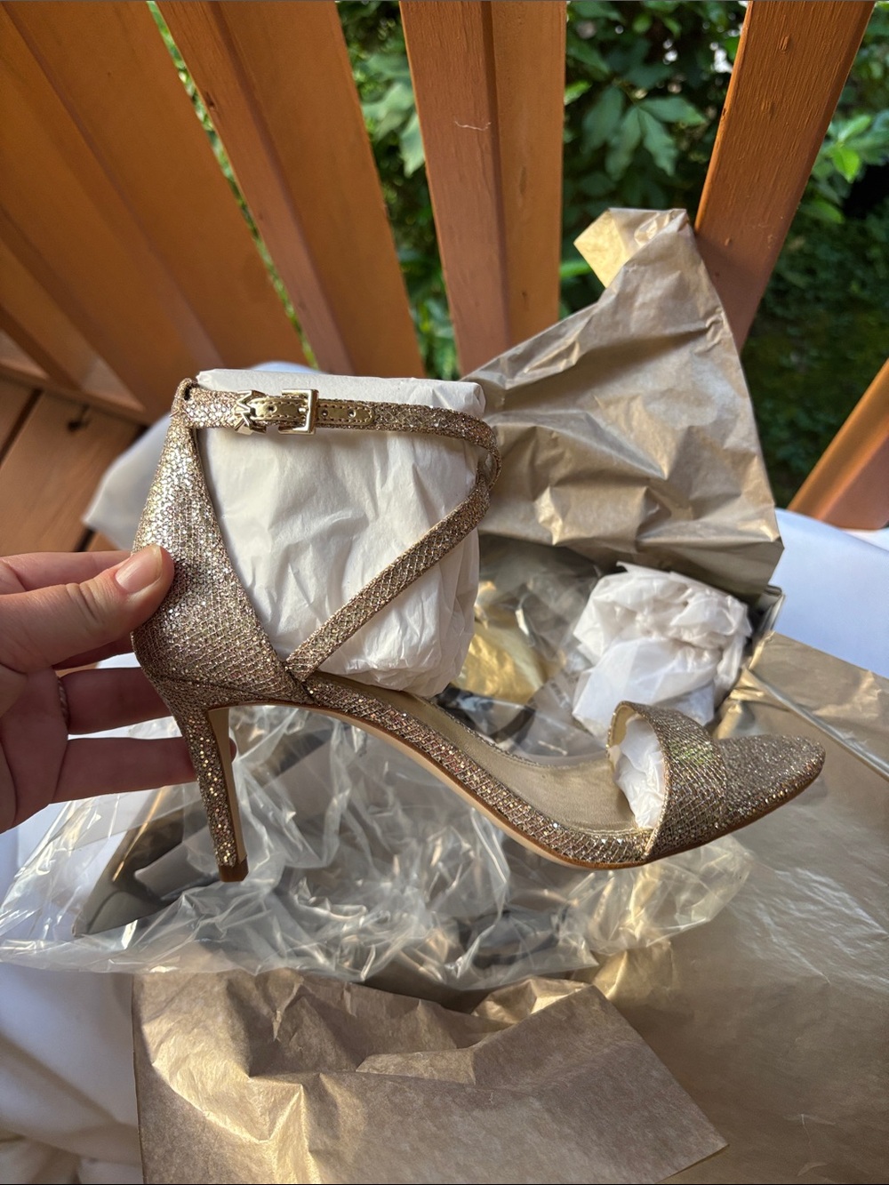 MICHAEL Michael Kors Rose Gold Glitter Ankle-Strap Heels Size 8
